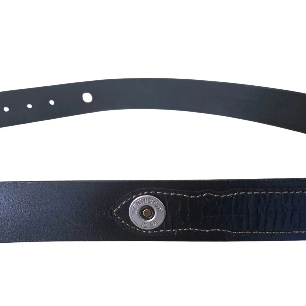 Men's Black Leather Belt Inlaid Remington 12 GA Shotgun Caps Fits 45